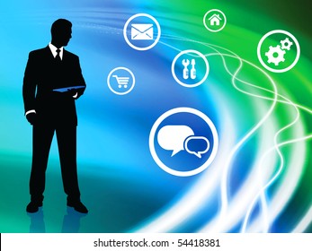 Businessman on Liquid Background with Internet Icons Original Illustration