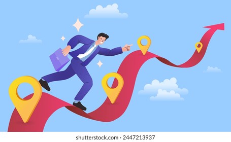 Businessman on location pin on business roadmap. workflow towards success. planning steps or business progress. project milestone or business journey achievement. Navigation Positioning Landing Page.