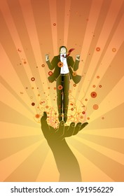 Businessman on magic hand fly jump emotion