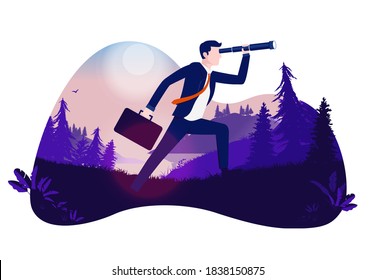 Businessman on a mission - Man with hand held telescope looking for future opportunities. Business mission and vision concept. Vector illustration.