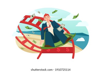 Businessman on money roller coaster. Flat illustration isolated on white background.