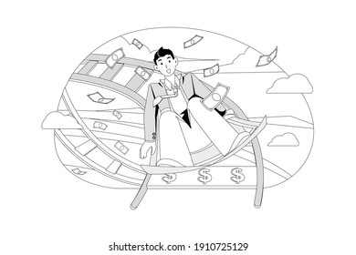 Businessman on money roller coaster. Flat illustration isolated on white background.