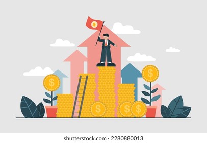 Geschäftsmann auf Geld-Stack, Top of Money, Wohlstand und erfolgreiches Geschäft, Vektorgrafik, Illustration