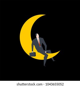 Businessman on moon. Boss is sitting for moon. Vector illustration
