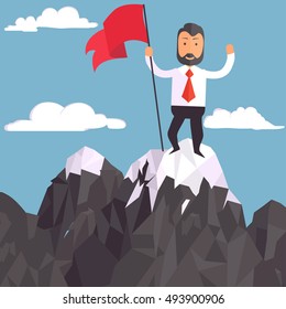 Businessman on a Mountain with flag on peak, success and mission, target and victory, motivation, winner on top. Flat style