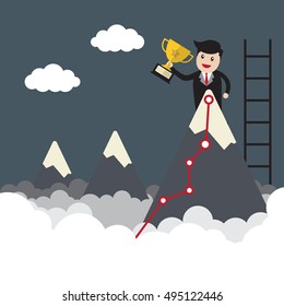 Businessman on the mountain peak. Hiking trail. Business concept, goal achievement, success and winning. Flat style vector