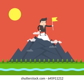 Businessman on a mountain peak holds the flag. Business success concept. Flat cartoon style. Vector illustration.