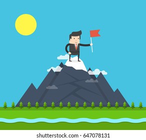 Businessman on a mountain peak holds the flag. Business success concept. Flat cartoon style. Vector illustration.