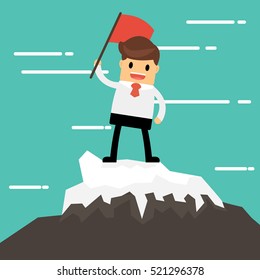 Businessman on a Mountain peak, success and mission. Flat style.