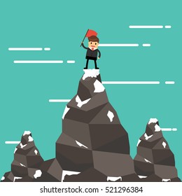 Businessman on a Mountain peak, success and mission. Flat style.