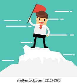 Businessman on a Mountain peak, success and mission. Flat style.