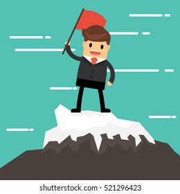 Businessman on a Mountain peak, success and mission. Flat style.