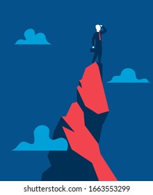 Businessman on a mountain peak trying to see above the horizon - vector illustration