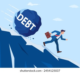 Businessman on mountain running away from big debt weight. Business man with briefcase and wrecking ball. Tax, debt, fee, crisis and bankruptcy. Vector illustration in flat style.