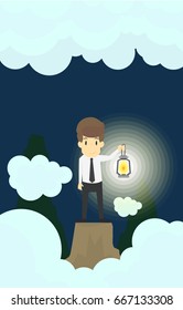 businessman on the mountain using a lantern, search for success.VECTOR EPS10