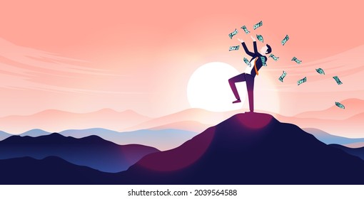 Businessman on mountaintop with money having financial freedom- Man reaching the top and having success, throwing cash in air. Being successful in finance concept. Vector illustration