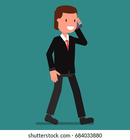 Businessman on the move talking on the phone. Vector illustration, a flat style design.