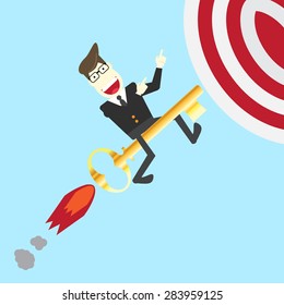businessman on a moving key rocket to destination