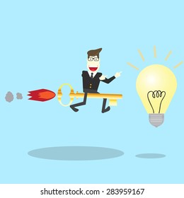 businessman on a moving key rocket to idea