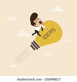 Businessman on a moving lightbulb idea rocket