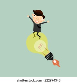 Businessman on a moving lightbulb idea rocket 