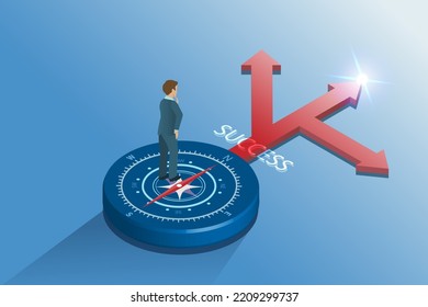 Businessman on navigation compass showing way to success. Business vision and management strategy for business direction and solution achievement.