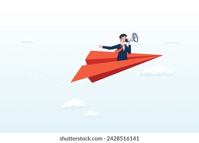 Businessman on origami airplane shouting or announce message on megaphone, communication, announcement or marketing message, loud speaker promotion notice or communicate important information (Vector)