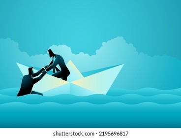 Businessman on paper boat helping other businessman who is drowning, vector illustration