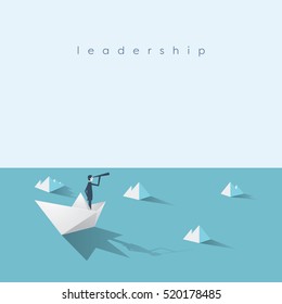 Empresario en barco de papel en el mar con icebergs. Símbolo de riesgo y liderazgo empresarial. Ilustración vectorial Eps10.