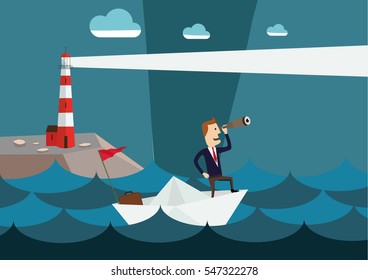 Businessman on paper boat searching for opportunity near lighthouse.