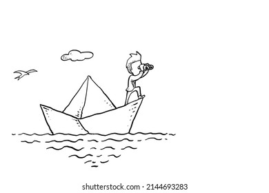 Businessman on paper boat using spyglass. Concept of vision, mission, objective and goal. Hand drawn vector illustration design