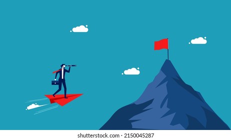 Businessman on a paper plane looking at a red flag. concept of victory