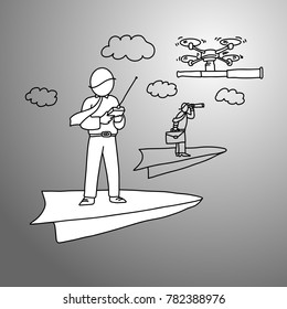 businessman on paper rocket using drone to carry telescope vector illustration doodle sketch hand drawn with black lines isolated on gray background. vision business concept.