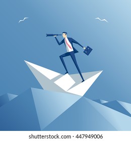 Businessman on a paper ship in heavy sea. Employee  on a paper boat floating on the waves. Business concept searching and risks