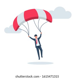 Businessman on a parachute makes a jump. Vector illustration flat design. Isolated on white background. Business people reaching goals. Free life without borders. Active holiday.