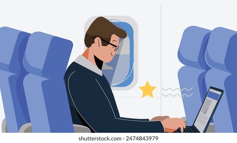 Businessman on passenger seat in airplane flight working on laptop Safely travel fly safely during