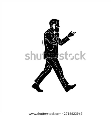 Businessman on phone call, walking briskly. Professional man with smartphone, animated gesture. Business meeting, discussion, communication, executive, busy.