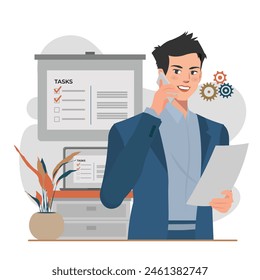 businessman on phone schedule task illustration