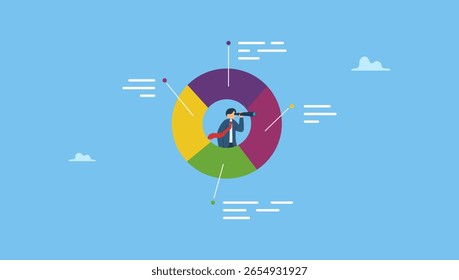 Empresário no gráfico de pizza olhando pelo telescópio. Estratégia de marketing, gráfico e análise de dados, previsão financeira ou diagrama do mercado de ações, dados de pesquisa ou planejamento de investimento.