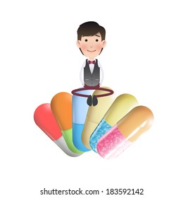 Businessman on pills over white background. Vector design. 