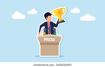 Businessman on podium at press conference holding trophy representing leading company success