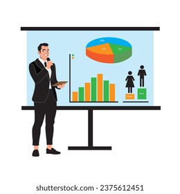 Businessman on presentation board. Vector illustration in flat cartoon style.