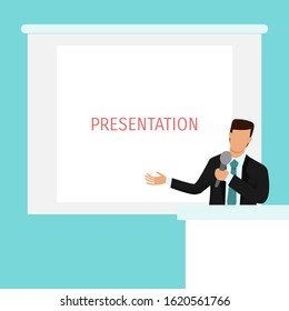 Businessman on presentation vector illustration. Business man character on tribune with microphone and white screen on background