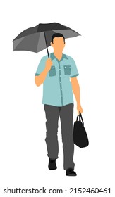 Businessman on the rain with umbrella walking the street after work vector illustration isolated on white background. Worker man under umbrella outdoor. Elegant business man. 