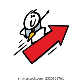 Businessman on the red arrow quickly flies up to success. Vector illustration of a successful career, concept. Hand drawn stick figure character isolated on white background.