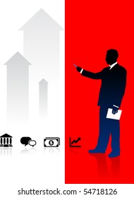 Businessman on Red and White Arrow Background Original Illustration