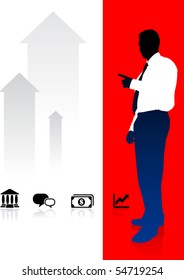 Businessman on Red and White Arrow Background Original Illustration