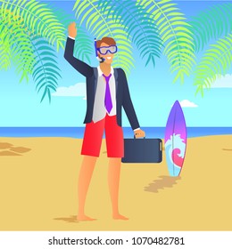 Businessman on rest color vector illustration of man in bright red shorts and black jacket, rectangular case, cute surfboard with blue wave pattern