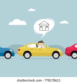 Businessman on the road back home by car with traffic jam. vector