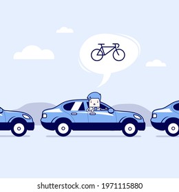 Businessman on the road with traffic jam, Thought to work by bike better. Cartoon character thin line style vector.